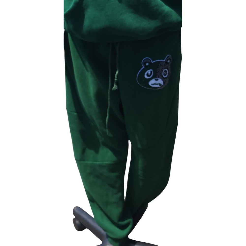 Effectus Clothing Mens XL Green Chenille Bear Patch Joggers Sweatpants Paneled